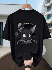 Men's Esports Gaming T-Shirt with Little Black Cat Headphone Print