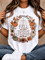 Fall For Jesus T-Shirt, Fall Pumpkin Sunflower Cross Religious Graphic Tee, Thanksgiving Faith Gift Women Casual Shirt