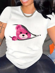 Teddy Bear Zipper Graphic T-Shirt, Women's Short Sleeve Crew Neck Top, Casual Summer Spring Tee, Cute Animal Print Gift for Her