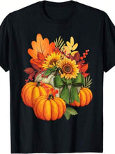 Autumn Harvest Unisex T-Shirt, Fall Pumpkin Sunflower Maple Leaf Berry Green Bow Thanksgiving Graphic Casual Short Sleeve Tee