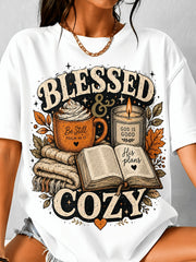 Blessed And Cozy Graphic Tee, Casual Loose Fit Crew Neck Short Sleeve Shirt, Faith Pumpkin Candle Bible Print Top