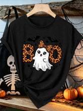 Leopard Print BOO Letter Bow Ghost Bat Star Pattern Round Neck Casual Sports T-Shirt