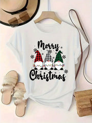 Merry Christmas Buffalo Plaid Gnomes Graphic T-Shirt, Christmas Lights Snowflake Holiday Tee for Men Women