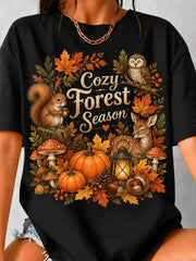 Cute Woodland Animals Pumpkin Mushroom Autumn Leaves Graphic Tee, Fall Harvest Casual Short Sleeve TShirt