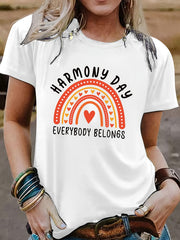 Harmony Day Everybody Belongs Rainbow Heart Graphic T-Shirt, Women's Round Neck Short Sleeve Casual Loose Fit Summer Top