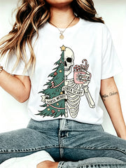 Unisex Gothic Holiday Graphic Tee, Sorta Merry Sorta Scary Split Tree Skeleton Hot Cocoa Spooky Christmas Short Sleeve T-Shirt