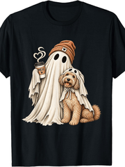 Halloween Ghost Doodle Dog Short Sleeve Ghost Holding Coffee Cute Spooky Shirt