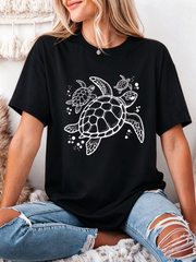 Women's Swimming Turtle Pattern Summer Beach Vacation Casual Round Neck T-Shirt