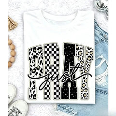 Leopard-Checkered Pattern Round Neck Personalized Letter Print Short Sleeve