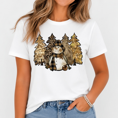 Women's Leopard Plaid Snowman Christmas Tree Graphic T-Shirt
