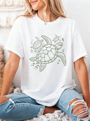 Women's Swimming Turtle Pattern Summer Beach Vacation Casual Round Neck T-Shirt