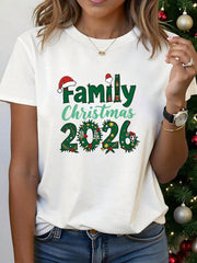 FAMILY Christmas 2026 Letter Print T-Shirt, Short Sleeve Crew Neck Casual Top