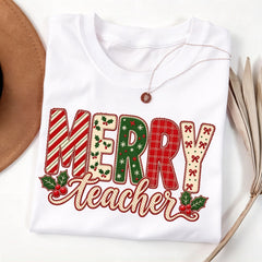 Merry Teacher Christmas Shirt, Faux Embroidery Patch Letters Tee, Coquette Bow