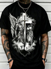 Man S' Lion Cross Print Black TShirt, Crew Neck, Casual Cotton Tee