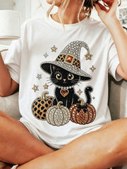Women Halloween Cute Rhinestone Pearl Black Cat WitchHat Bow Print Crew Neck Tee