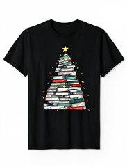 Christmas Tree Book Tee Bookworm Library Holiday Crew Neck White Short Sleeve