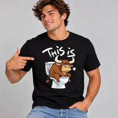 This Is Bull Toilet Graphic T-Shirt, Cartoon Bull Graphic Tee, Black Shirt