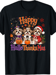 Happy HalloThanksMas Shih Tzu Dog Halloween Thanksgiving Christmas Graphic Tee