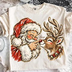 Santa & Reindeer Christmas T-Shirt,Vintage Holiday Graphic Tee, Cute Santa Shirt