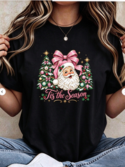 Tis The Season T-Shirt, Santa Pink Bow Christmas Tree Holiday Graphic Tee