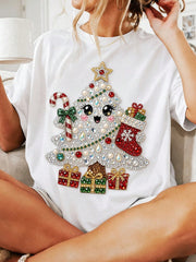 Women's Christmas Graphic T-Shirt,Rhinestone Santa, Candy Cane And Gift Print