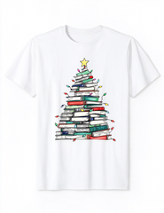 Christmas Tree Book Tee Bookworm Library Holiday Crew Neck White Short Sleeve