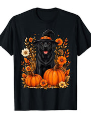 Halloween Black Lab Short Sleeve Witch Hat Autumn Wildflower Pumpkin Dog TShirt