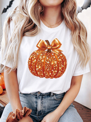 Women's Glitter Pumpkin Bow Graphic T-Shirt, Fall Thanksgiving Pumpkin Tee