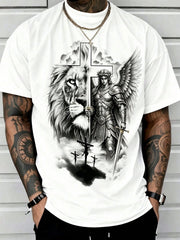 Man S' Lion Cross Print Black TShirt, Crew Neck, Casual Cotton Tee