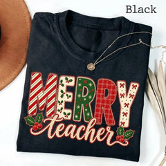 Merry Teacher Christmas Shirt, Faux Embroidery Patch Letters Tee, Coquette Bow