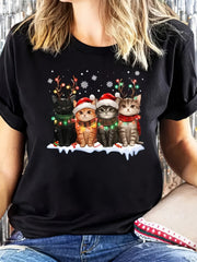 Christmas Cats T-Shirt, Santa Hat Reindeer Antlers Lights Holiday Graphic Tee