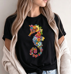 Women's Floral Seahorse Graphic T-Shirt, Colorful Flower Sea Horse Crew Neck Tee