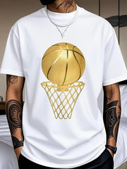 Men's Gold Basketball Graphic and Hoop Design - Trendy Casual Tee for Sports