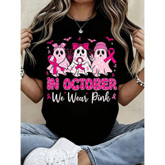 Women Cute Pink Ghosts In October We Wear Pink T Shirt Casual Halloween Graphic Tee Support Gift