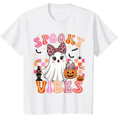 Halloween T-Shirt - Groovy Spooky Vibes, Cute Boo Ghost Design, Comfortable Casual Everyday Fashion Sports Top