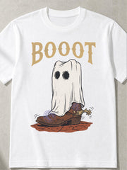 Boot Scootin Spooky Western Ghost Cowboy Boot Halloween Graphic Tee for Men Women, Cute Funny Fall Short Sleeve T-Shirt, Casual Crew Neck Top for Halloween Gift
