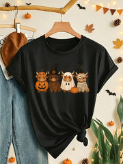 Halloween Highland Cow Print Round Neck Style Retro Daily Versatile Casual TShirt