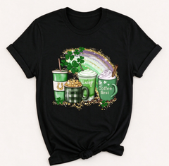 St Patrick's Day Coffee T-Shirt, Shamrock Irish Cups Graphic Tee, Lucky Casual Crew Neck Short Sleeve Top, Gift for Coffee Lovers