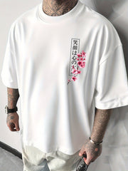 Double Sided Japanese Graphic T-Shirt, Koi Fish Samurai Sword & Sakura Front Back Print Top