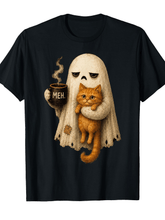 Meh Ghost T-Shirt, Funny Halloween Coffee Cat Orange Kitten Graphic Tee