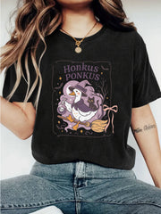 Women's Witch Duck Broom Graphic T-Shirt, Cute Halloween Short Sleeve Tee, Spooky Fall Cartoon Duck Printed Top