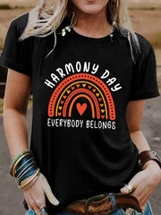 Harmony Day Everybody Belongs Rainbow Heart Graphic T-Shirt, Women's Round Neck Short Sleeve Casual Loose Fit Summer Top