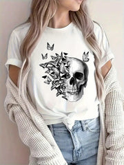 Women's kull and Butterflies Graphic T-Shirt Gothic Half Skull Dissolving Print Short Sleeve Crewneck Casual Tee