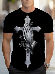 Men's Cross Prayer Hands T-Shirt, Casual Sports Fitness Top, Crew Neck Short Sleeve Shirt for Men