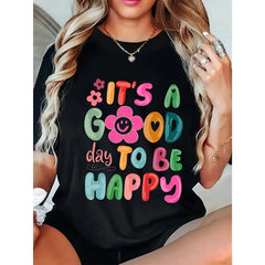 Its A Good Day To Be Happy Boho Print Short Sleeve Tee Crew Neck Casual Top
