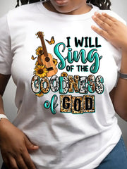 Women's Inspirational "I Will Sing of the Goodness God" T-Shirt - Soft Crew Neck, Short Sleeve with Guitar & Sunflower Design