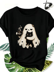 Women Cute Ghost Black Cat Coffee Graphic T-Shirt, Halloween Spooky Ghost Cat Print Crew Neck Short Sleeve Casual Tee