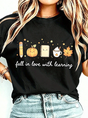 Fall Teacher Graphic Tee for Women, Fall in Love with Learning Pumpkin Spice Coffee Maple Leaf Back to School Short Sleeve T-Shirt
