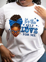 Women's It's The Self Love For Me Graphic T-Shirt, Blue Bow Portrait Letter Print Crew Neck Short Sleeve Casual Inspirational Tee