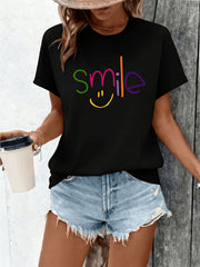 Fashion Smile Letter Print Women's T-Shirt, Loose Fit Round Neck Short Sleeve Casual Tee, Summer Energetic Versatile Basic Top